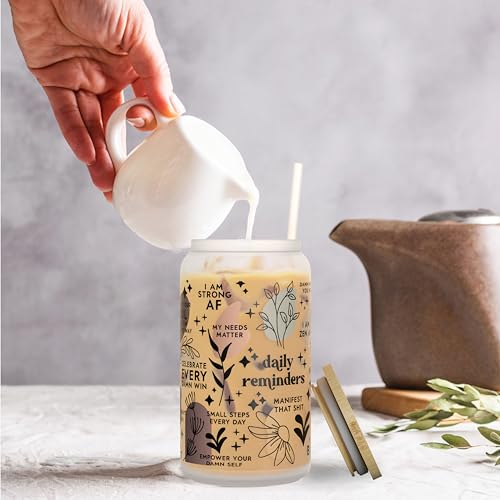 Daily Affirmation Iced Coffee Cup [Frosted], Glass Cups with Bamboo Lids and Straws | 16 oz Mason Jar Drinking Glasses & Boba Cup | Glass Tumbler with Straw and Lid Mental Health [Vulgar Edition] - color: Affirmation (Vulgar)