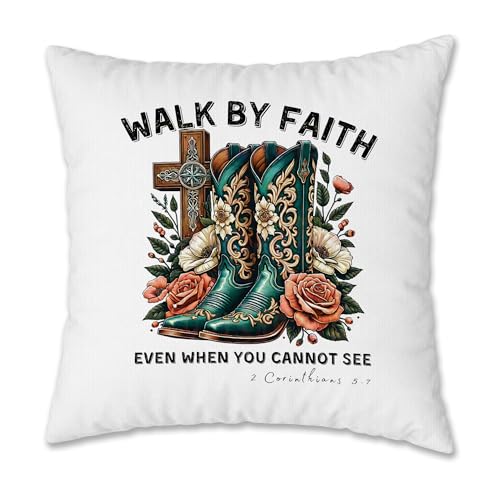 Western Cowgirl Boots Christian Pillow Cover 18x18, Cowgirl Room Decor, Walk by Faith Bible Verse Floral Religious Decorative Pillow Cover Pillowcase for Home Bedroom Living Room - color: Western Cowgirl Boots Christian