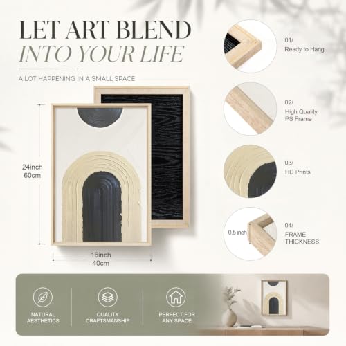 HOURIA Black Beige Abstract Neutral Framed Canvas Wall Art Set- 16"x24"x3 - color: Abstract Beige Black Wall Art, size: 16"L x 24"W