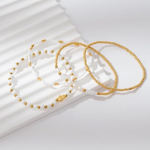 Gold Beaded Bracelets Stack for Women Stackable 14K Gold Plated Beads Ball Cross Bracelet Boho Christian Jewelry Faith Friendship Birthday Gifts for Women - color: White Crystal