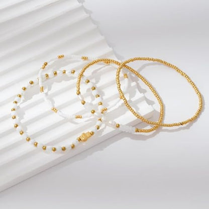 Gold Beaded Bracelets Stack for Women Stackable 14K Gold Plated Beads Ball Cross Bracelet Boho Christian Jewelry Faith Friendship Birthday Gifts for Women - color: White Crystal