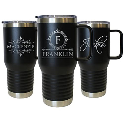 The Wedding Party Store Custom Personalized 20 oz Stainless Steel Powder Coated Vacuum Insulated Double Walled Travel Tumbler Coffee Mug with Handle and Lid (Black) - color: Black