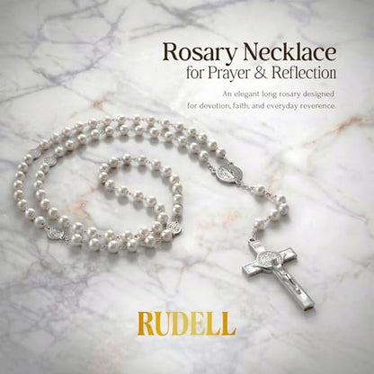 RUDELL Rosary Beads Catholic for Women - Rosary Necklace for Women with Pearl Beads - Medal Cross Saint Benedict Rosary for Men - Prayer Rosarios Catolicos Jewelry Gift - color: White