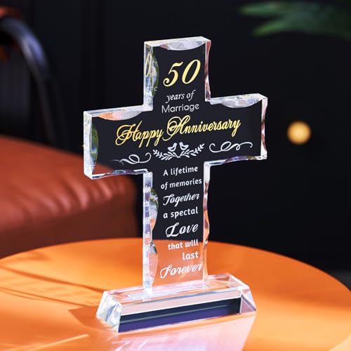 50th Wedding Anniversary Religious Cross Gifts for Women Men, 50 Year Anniversary Romantic Gift for Him Her, Laser Engraved Glass Standing Cross Keepsake for Couple, 50 Years of Marriage Present(50th Anniversary)