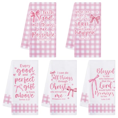 R HORSE 5 Pack Pink Bow Bible Verse Kitchen Dish Towels - color: Christian Pink Bow