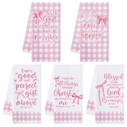 R HORSE 5 Pack Pink Bow Bible Verse Kitchen Dish Towels - color: Christian Pink Bow