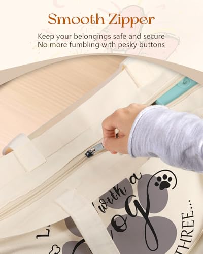 Miss Adola Canvas Tote Bag with Zipper for Women - color: Dog Paw