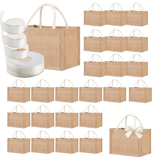 24 Pcs Burlap Tote Bag Mini Jute Reusable Waterproof Bag with Handles Small Blank Canvas for Wedding Welcome,Beach,Bridesmaid,Reusable Bulk Jute Bags with Cream Ribbons DIY Gifts(9.06 x 6.3 x 5.12'')