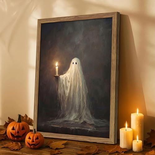 Framed Cute Halloween Ghost Wall Art - Vintage Halloween Canvas Print, Ghost Holding Candle Picture, Dark Academia Horror Wall Decor for Living Room Bedroom, 16x24in Wood Frame - color: Ghost with Candl, size: 24"L x 16"W