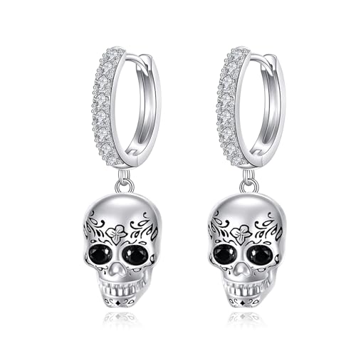 AOBOCO Black Hoops Earrings for Men Sterling Silver Viking Celtic Cross Heart Skull Round Triangle Hoop Earrings Birthday Father Day Christmas Jewelry Gifts for Men Women Friends - style: Skull Earrings