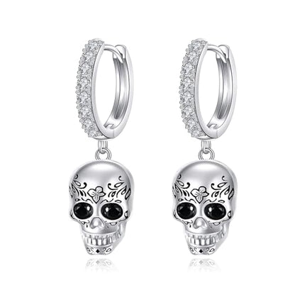 AOBOCO Black Hoops Earrings for Men Sterling Silver Viking Celtic Cross Heart Skull Round Triangle Hoop Earrings Birthday Father Day Christmas Jewelry Gifts for Men Women Friends - style: Skull Earrings