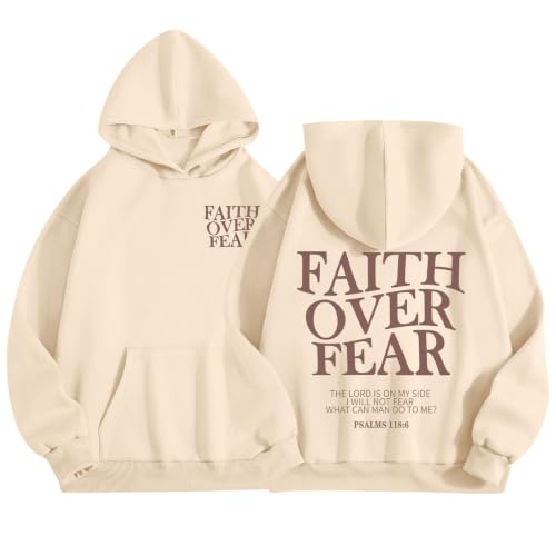 Wrenpies Faith Over Fear Hoodie for Women Christian Jesus Bible Verse Sweatshirt God Religious Oversized Tops - color: Apricot, size: Large