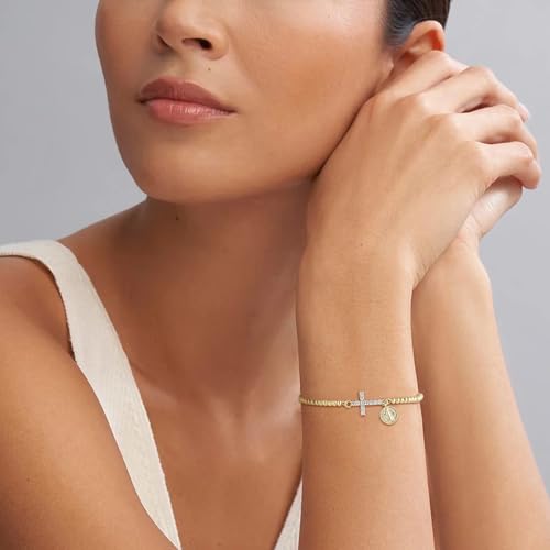 HZMAN 14K Gold Plated Cross Bracelet for Women, Brass Adjustable Bolo Bracelet with CZ, Religious Saint Benedict/Virgin Mary/Jude Pendant Jewelry Gift - color: Saint Benedict