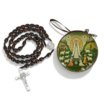 Wooden Catholic Rosary Beads, Rosarios Catolicos with Decorative Prayer Box - color: Brown (5)