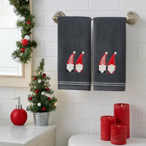 Christmas Gray Grey Guest Hand Bathroom Towels, Jolly Nordic Gnomes, 16x26" - color: Holiday Gnomes