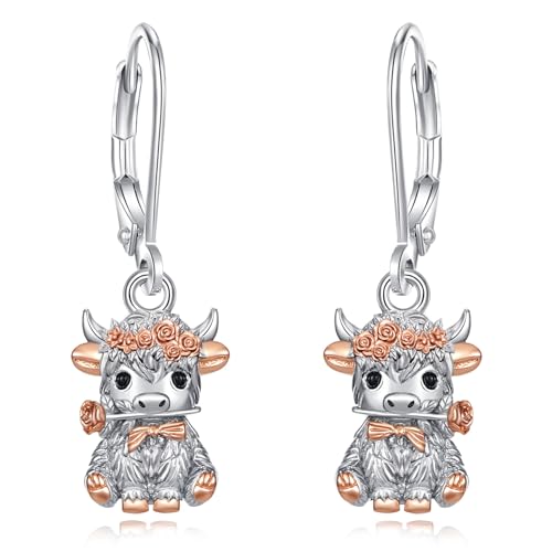 Vito Moonstone Turquoise Drop Earrings for Women, 925 Sterling Silver Hooks - style: Highland Cow