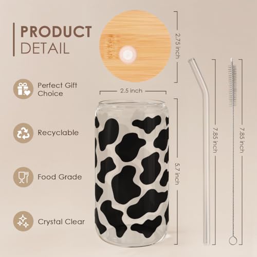 SANDJEST Cow Glass Can, Cow Prints Cup with Lid & Straw, Iced Coffee Aesthetic Cups, Idea Gift for Christmas Birthday Mother Day, Gifts for Women, 16oz - color: Cow Skin