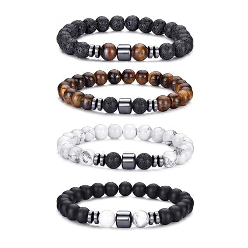 RANKEEF Tiger Eye Bracelet For Men 8MM Natural Stone Stretch Adjustable Black Crystal Beaded Bracelet for Men Women Gifts - color: 4,lava rock,tiger eye,white,black bracelet