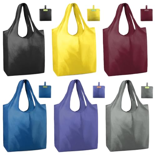 BeeGreen Reusable Shopping Bags Cute Grocery Bag 6 Pack, Reusable Gift Bags Heavy-Duty Foldable Shopping Totes for Supermarket, Work & Travel, Large Washable Polyester Tote Bag with Handles - color: Yellow, black, dark blue, black, burgundy, purple