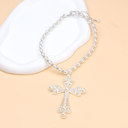 Pearl Cross Necklace Big Cross Pendants Necklaces for Women Chunky Pearl Necklace Gothic Cross Necklace Punk Vintage Cross Jewelry Women - style: Silver