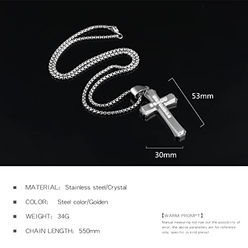 OLEVS Men's Cross Pendant Necklace Large Stainless Steel Cross Pendant Necklace for Men Women - color: silver crystal