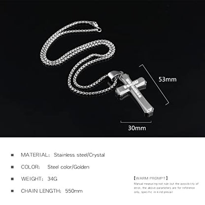 OLEVS Men's Cross Pendant Necklace Large Stainless Steel Cross Pendant Necklace for Men Women - color: silver crystal
