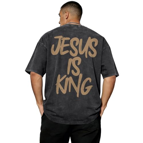 Christian Jesus is King Shirts Men God Religious Faith Bible Verse Tshirts Oversized Vintage Graphic Acid Wash Tees - color: Black, size: XX-Large