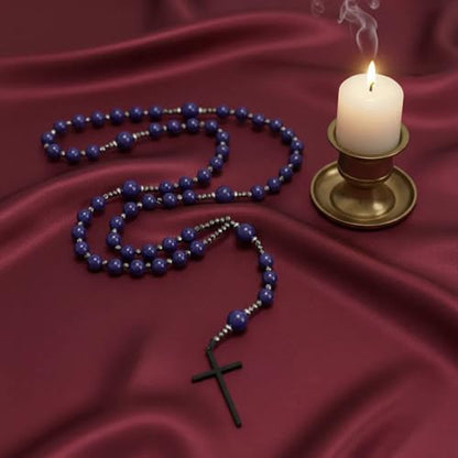 Nazareth Store Jasper Rosary Necklace – Catholic Handmade Rosary with Stone Beads, Hematite Spacers, and Black Alloy Cross – Durable Prayer Beads for Men and Women - color: Lapis Lazuli