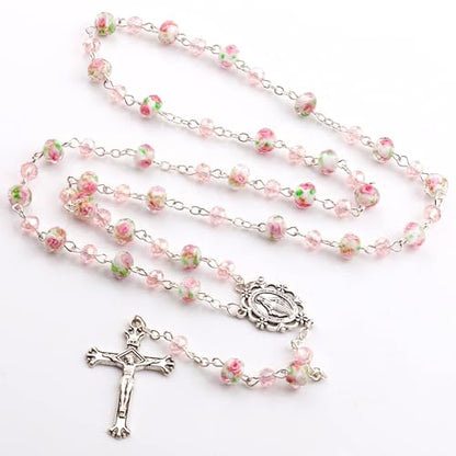 Murano Glass Rose Beads Catholic Virgin Mary Rosary Necklace Women - color: Pink