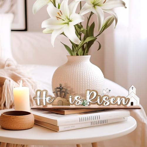 Vercraft Easter Decorations He Is Risen Wooden Sign Religious Table Centerpiece Christian Farmhouse Tabletop Sign for Tiered Tray Decor Fireplace Mantel Room Birthday Spring, 2.2 x 9.7 Inch(Classic) - style: Classic