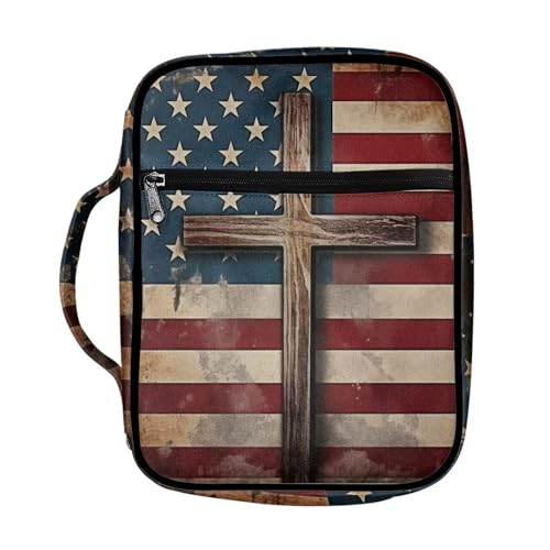 Suobstales American Flag Cross Print Bible Covers for Women Men Bible Case Bible Bag Bible Accessories with Handle and Zippered Pocket Bible Tote Bag for Women Men - color: American Flag Cross 1