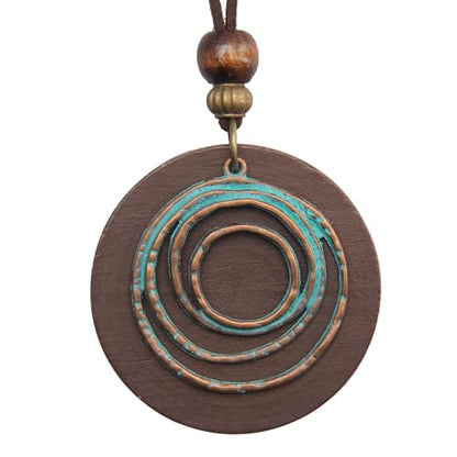 Leather Necklace for Women Long Boho Pendant Hippie Choker Necklace Bohemian Layered Leather Rope Wooden Jewelry Gifts - style: Wooded Pendant