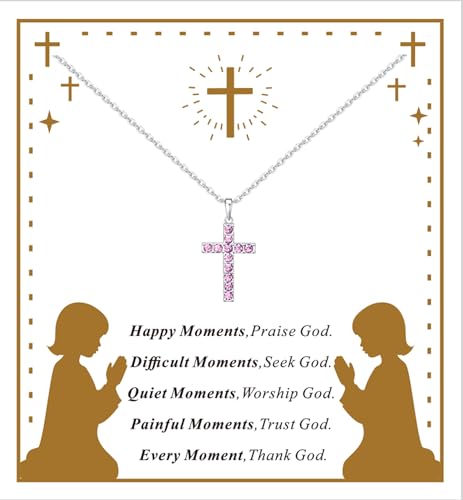 Birthstone Cross Necklace for Women,First Communion Gifts Easter Baptism Cross Jewelry Pendant Gift - color: 02February-Purple-Amethyst