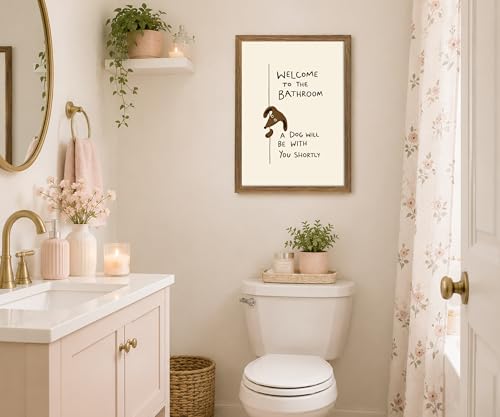 Funny Dog Bathroom Wall Art, Framed Canvas Print 12x16 In - color: Cream, Brown, Black, Natural Wood, size: 12"L x 16"W