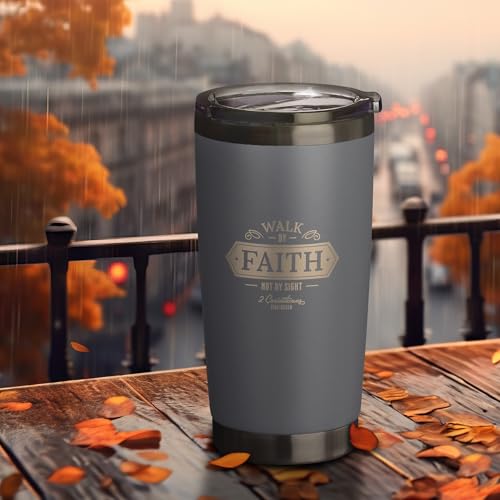 Christian Art Gifts Stainless Steel Vacuum Insulated Travel Mug 18 oz - color: Gray/Walk by Faith