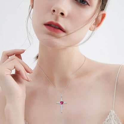 S925 Sterling Silver Cross Necklace for Women Birthstone Necklace Heart Infinity Cross Pendant Necklace Christmas Valentines Day Gifts Birthday Holiday Gifts for Her, 18"+2" Inches - color: 07-Jul Birthstone - Ruby
