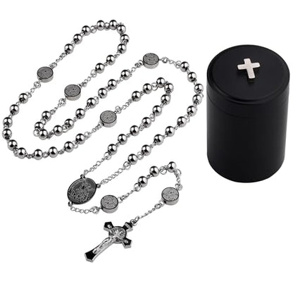 HanlinCC Catholic Rosary Necklace Stainless Steel Prayer Bead with Gift Box - color: Silver St.Michael