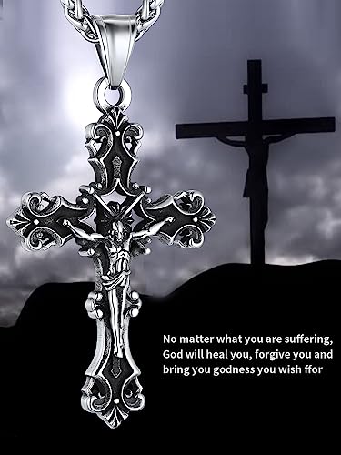 ChainsHouse Cross Necklace for Men, Black/18K Gold Plated/Stainless Steel Christian Jewelry Cross Pendant Necklace for Men, with Gift Box - color: a: Jecus Cross-Steel