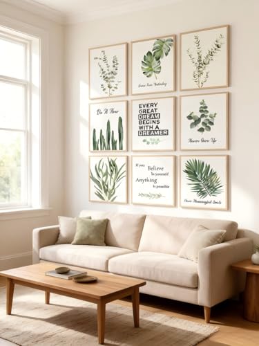 Botanical Wall Art Prints, Set of 9 Inspirational Quotes 8x10 Inch Unframed - color: green