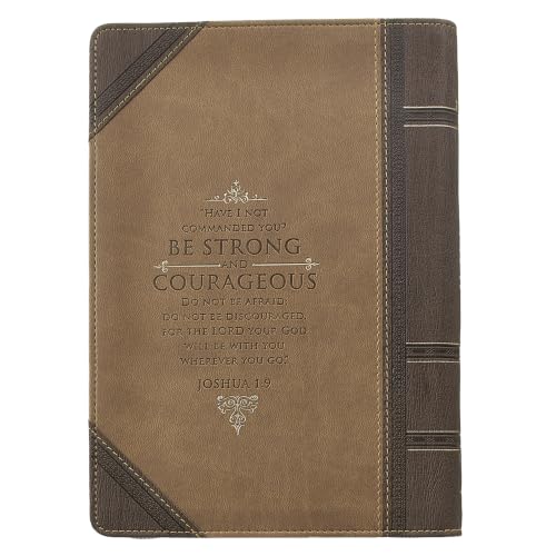 Christian Art Gifts Brown Vegan Leather Zipped Journal, Inspirational Men’s Notebook Be Strong Scripture, Flexible Cover, 336 Ruled Pages, Ribbon Bookmark, Joshua 1:9 Bible Verse