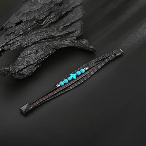 Men's Leather & Lapis/Onyx/Turquoise/Tiger Eye Cross Bracelet - Braided Christian Jewelry for Men, 8.3" & 9.1" Sizes - color: Turquoise, size: 8.3in(Fits most wrists; Recommend!)