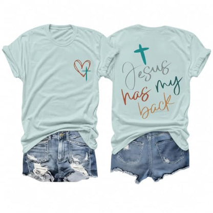Tuislay Christian Shirts for Women Jesus Has My Back Tshirt God Bible Verse Shirt Faith Cross T Shirts Inspirational Tees Top - color: Sky Blue, size: Large