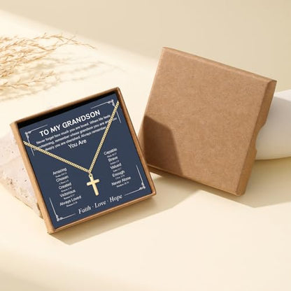 Small Cross Necklace for Boys Baptism Christmas Confirmation Valentines Easter Birthday Gifts to Teens Son Grandson Nephew - color: gold, style: Grandson