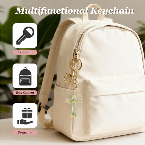 Angyape Cute Christian Cross Keychain for Women Purse Bag Charms Car Key Rings Accessories Flower Design Jesus Faith Gifts - color: B: Blue Keychain