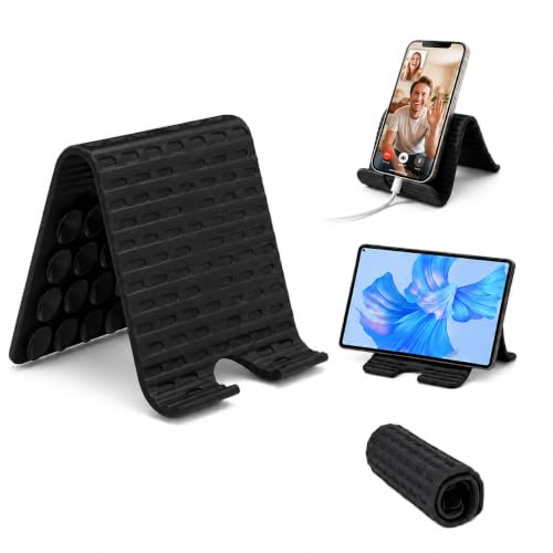 Airplane Phone Holder, Silicone Foldable Phone Stand for Desk and Travel - color: Black
