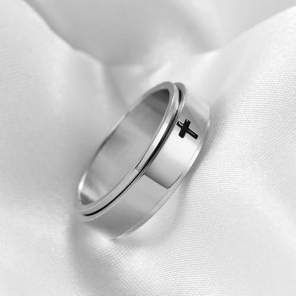 Minimalist Cross Stainless Steel Spinner Ring Anxiety Stress Relieving Rotating Fidget 6mm Band Rings for Men Women Christian Religious Relief Couple Cool Jewelry - color: silver 11