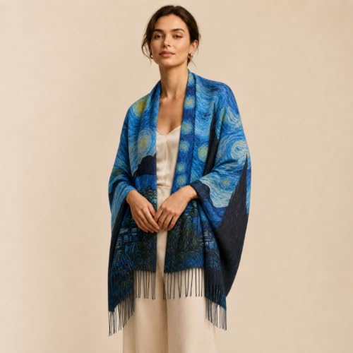 Umjetnost Soft Cashmere Feel Scarf For Women Winter Warm Scarves Large Shawl Wrap Monet Van Gogh Art Print - color: C05 Blue&black
