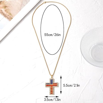 American Flag Cross Pendant Necklace, Silver-Tone, Stars and Stripes, Patriotic Religious Jewelry,for a gift box - color: Gold1