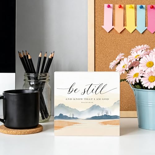 Be Still and Know That I Am God Christian Wooden Box Sign 5x5 Inch, Psalm 46:10 Bible Verse Religious Decorative Wood Signs for Home Church Prayer Room Desk Tabletop Shelf Decorations - color: Wooden Box Sign A