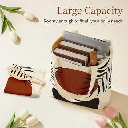 Canvas Tote Bag for Women with Zipper Cute - color: Boho Cat